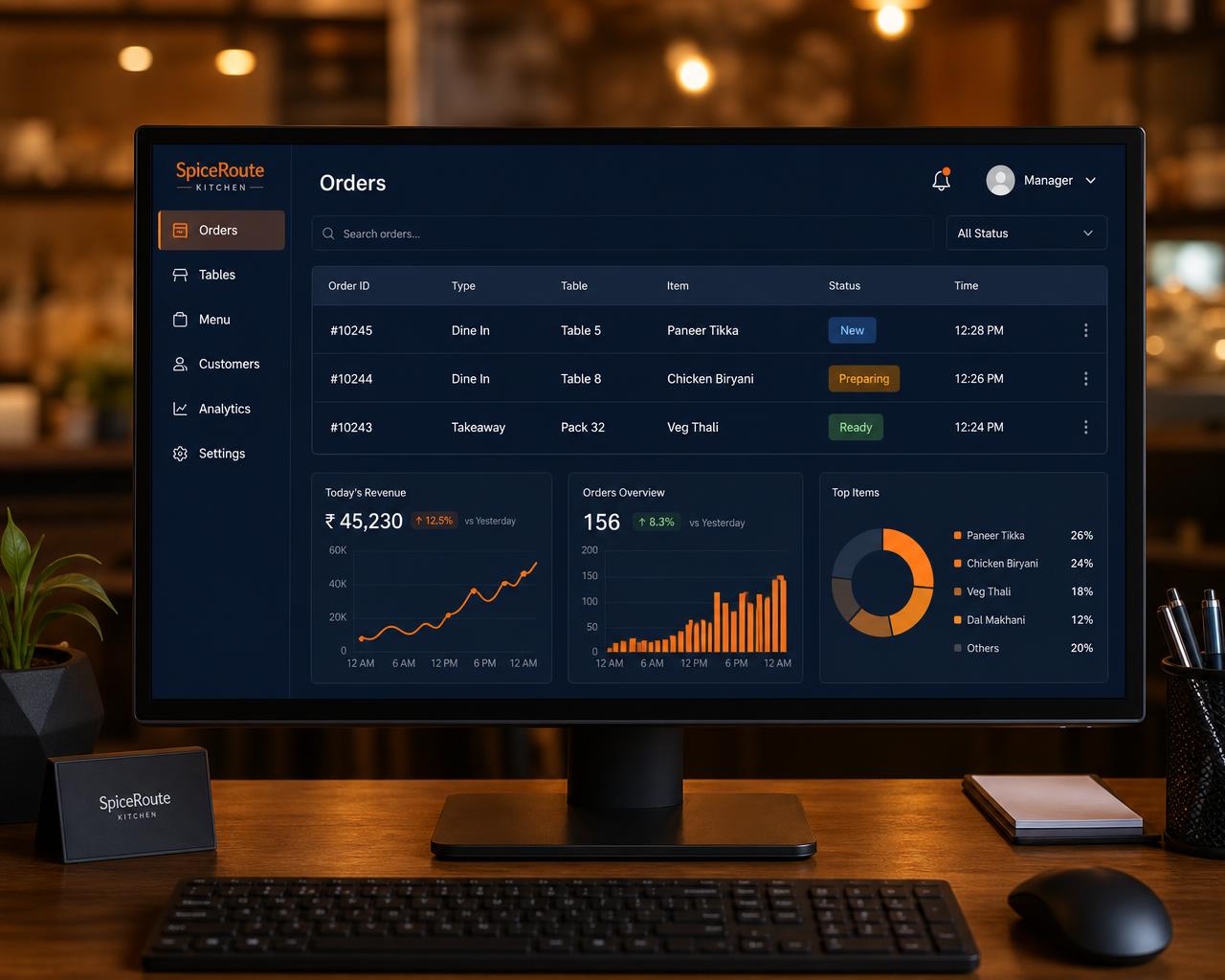Scanmyfood restaurant admin dashboard showing live orders, tables and analytics