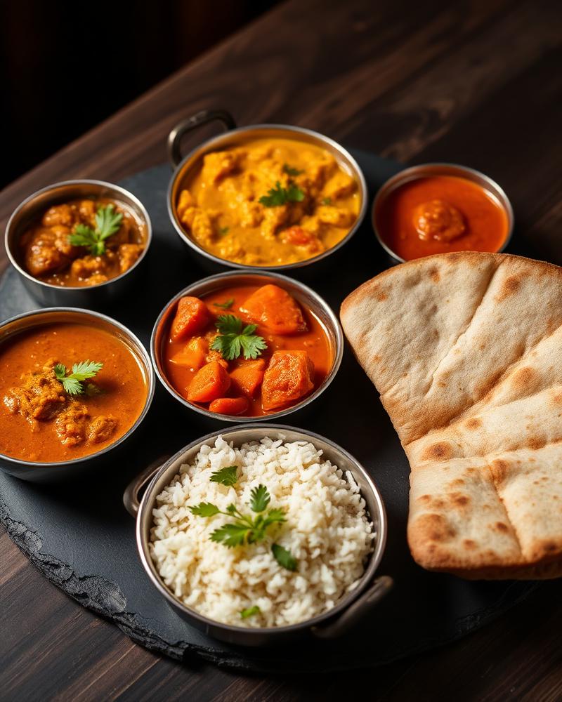 Indian thali with curries, rice and naan