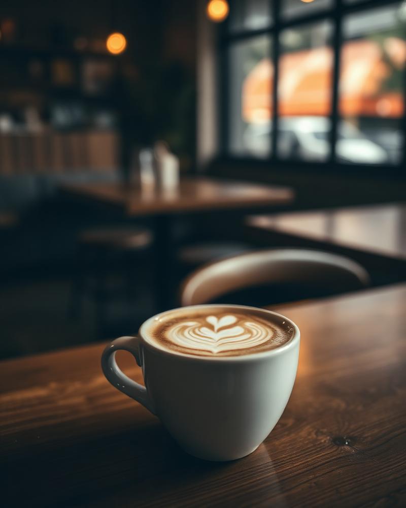 Latte with latte art on a cafe table