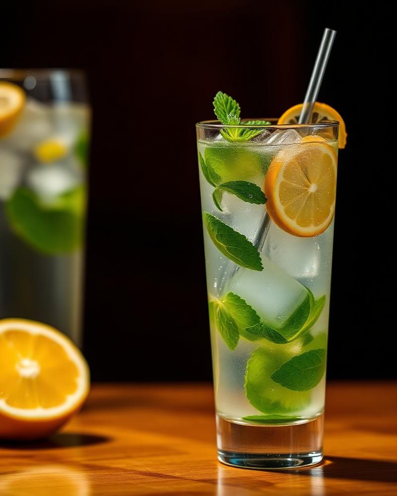 Iced cold drink with mint and lemon