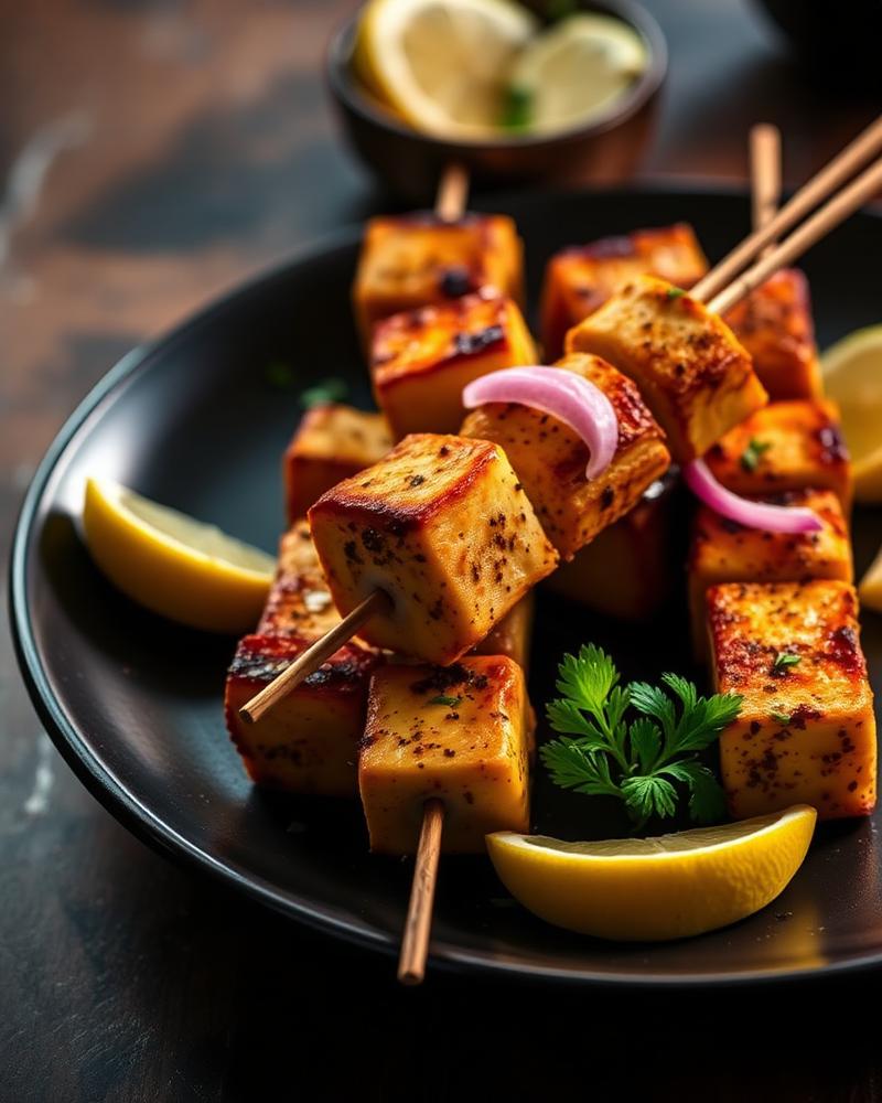 Tandoori paneer tikka skewers on a dark plate