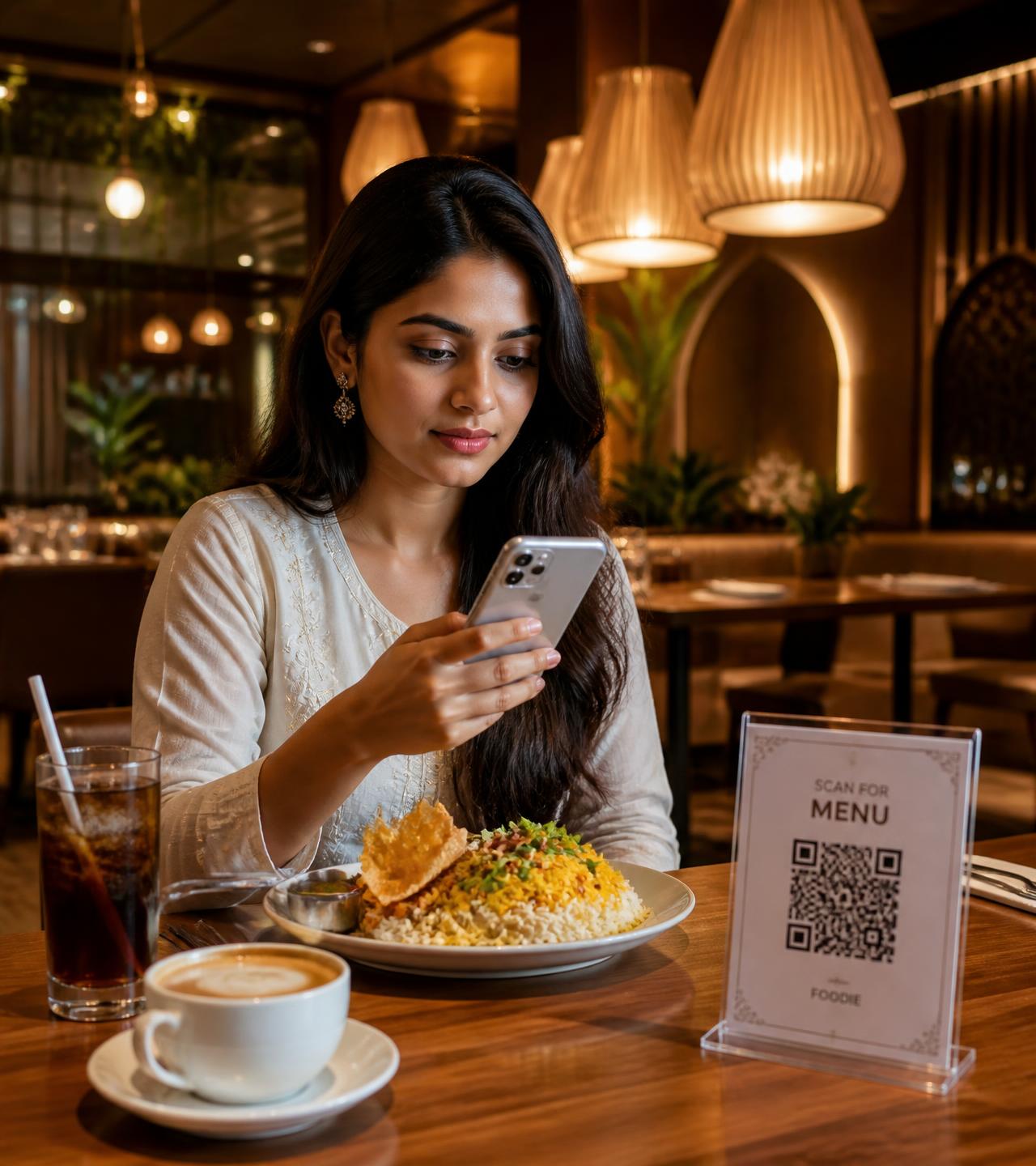 Guest at a restaurant table scanning a QR code menu with her smartphone