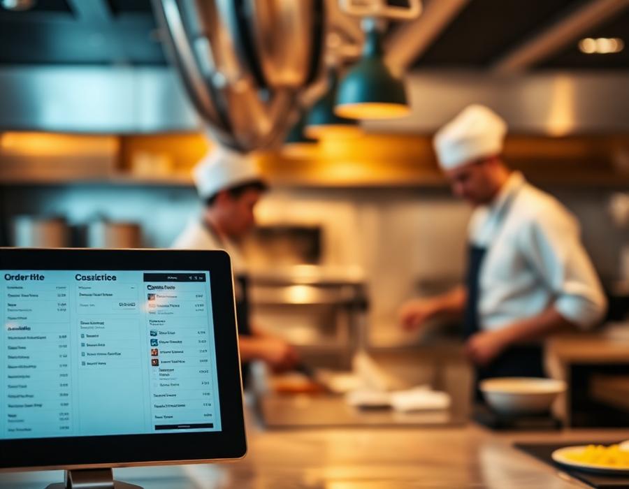 Kitchen display screen showing incoming order tickets